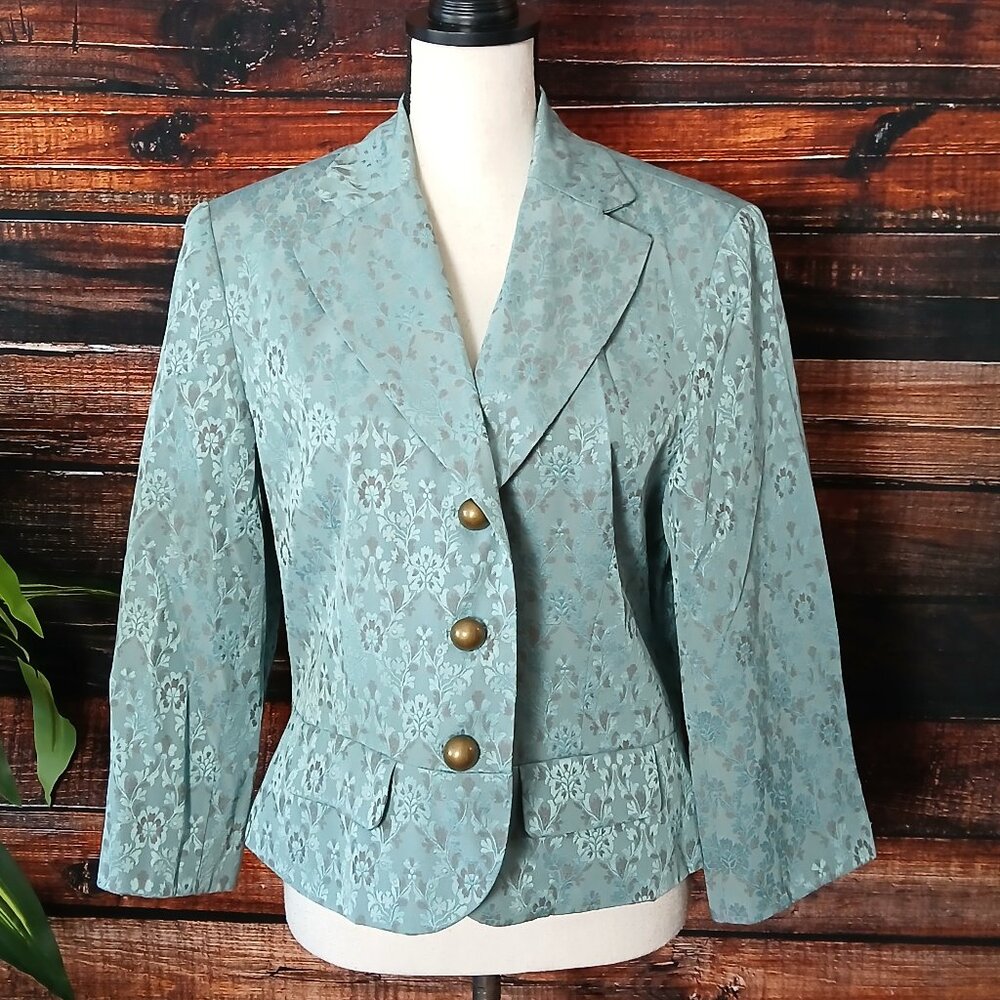 Worth Work to Weekend Blazer 14 Teal Floral Jacquard Jacket 3/4 Sleeves